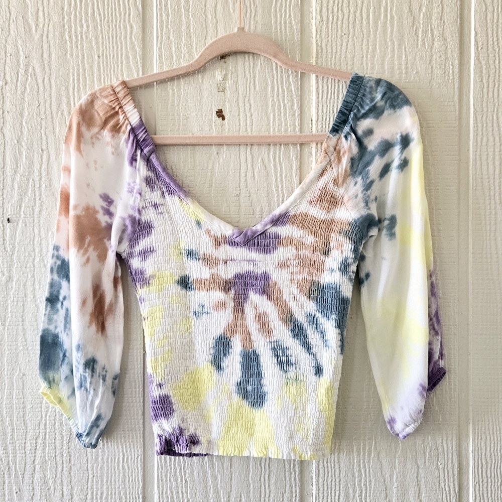 Revolve Chaser Boho Tie Dye V Neck Off the Shoulder Smocked Peasant Festival XS